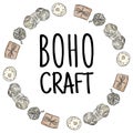 Boho craft logo. Cotton yarn and brown craft boxes packages doodles in wreath composition. Handmade logo design. Hand drawn cute