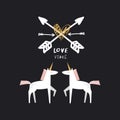 Boho cute unicorns art and love logo