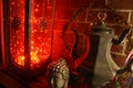Boho Decor Lantern n LED Lights Vintage Teapot Royalty Free Stock Photo