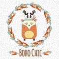 Boho deer in feather wreath in hand drawn style and