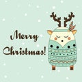 Boho deer in hand drawn style. Winter, seasonal greeting card, banner, vector background