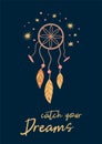 Boho dreamcatcher Catch your dreams card Cute kids boho poster on dark, baby print Vector element Royalty Free Stock Photo