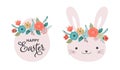 Boho Easter concept design, Banner set with bunnies, eggs and flower crowns in pastel colors