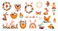 Boho Easter concept design, bunnies, eggs, flowers and rainbows in pastel and terracotta colors, flat vector