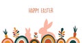 Boho Easter concept design, bunnies, eggs, flowers and rainbows in pastel and terracotta colors, flat vector