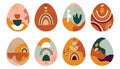 Boho Easter concept design, bunnies, eggs, flowers and rainbows in pastel and terracotta colors, flat vector