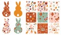 Boho Easter concept design, seamless patterns and bunnies, eggs, flowers and rainbows in pastel and terracotta colors