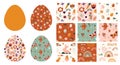 Boho Easter concept design, seamless patterns and bunnies, eggs, flowers and rainbows in pastel and terracotta colors