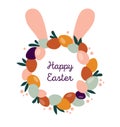 Boho Easter concept design, wreath with bunny ears, eggs and flowers in pastel and terracotta colors, flat vector