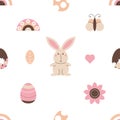 Boho Easter seamless pattern with bunny, eggs, rainbows, flowers and butterfly in pastel colors Royalty Free Stock Photo