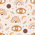 Boho elements seamless pattern with eye, moon, rainbow, leaves, planets and stars. Hand drawn Scandinavian style vector