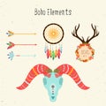 Boho elements. Vector ethnic set with arrows and sheep skull