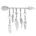 Boho elements. Vector illustration with feathers, arrow and chains. Ornamental bird feathers isolated on white. Royalty Free Stock Photo