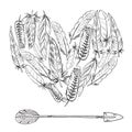 Boho elements. Vector illustration Heart of feathers and arrow. Ornamental bird feathers isolated on white. Royalty Free Stock Photo