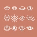 Boho eyes icon set. Geometrical linear eyes collection. White outline. Vector illustration, flat design Royalty Free Stock Photo