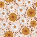 070_Boho fall flower sunflower daisy vector seamless pattern. Autumn flowers garden background