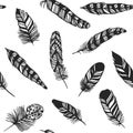 Boho feather hand drawn effect vector style seamless pattern illustration