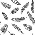 Boho feather hand drawn effect vector style seamless pattern illustration