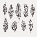 Boho feather hand drawn set Royalty Free Stock Photo
