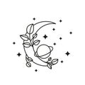 Boho floral crescent moon with planet, leafy branches and stars.