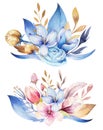 Boho flower set. Colorful floral collection with leaves and flowers, drawing watercolor. Spring or summer bouquet design