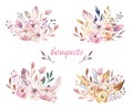 Boho flower set. Colorful floral collection with leaves and flowers, drawing watercolor. Spring or summer bouquet design Royalty Free Stock Photo