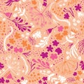 Boho Flower Summer Blooms. Coral Purple, White Floral Seamless Repeating Pattern