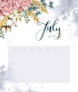 Boho flowers bouquet watercolor calendar. Lettering July on watercolor splashes