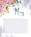 Boho flowers bouquet watercolor calendar. Lettering May on watercolor splashes