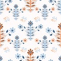 Boho Folk Flower Daisy Blooms in Pretty Coral Blue Floral Seamless Repeating Pattern