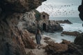 Boho girl exploring cliff with ocean views and tomb entrance, lighthouse birds. Generative AI