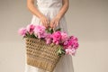 Boho girl holding pink peonies in straw basket. Stylish hipster woman in bohemian floral dress gathering peony flowers on white