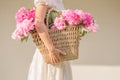 Boho girl holding pink peonies in straw basket. Stylish hipster woman in bohemian floral dress gathering peony flowers on white