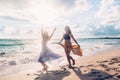 Boho girls walking on the beach