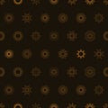 Boho Golden Sun Seamless Pattern in Minimal Liner Style. Vector Dark Background for Fabric print, Cover, Wrapping. Royalty Free Stock Photo