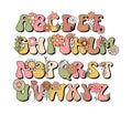 Boho groovy floral alphabet letters font. Vector illustration.