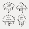 Boho hand drawn frames with feathers set Royalty Free Stock Photo