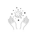 Boho hand drawn magic logo. Minimal esoteric mystic line hands planet stars sacred geometry tattoo design. Vector