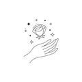 Boho hand drawn magic logo. Minimal mystic linear hand rose stars esoteric tattoo symbols, bohemian vector illustration