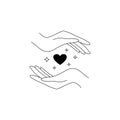 Boho hand drawn mystic logo. Minimal bohemian magic linear hands heart space esoteric tattoo symbol, vector illustration