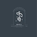 Boho hand drawn mystical magic logo. Esoteric doodle elements. Black outline style. Abstract vector illustration