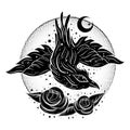 Boho illustration with cute little crow and roses. Flash tattoo style