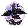 Boho illustration with cute little crow and roses at watercolor background. Flash tattoo style