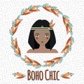Boho indian girl in feather wreath in hand drawn style