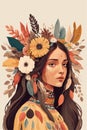 Boho indian tribal girl portrait with feathers in hair and wearing traditional poncho