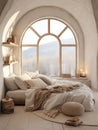 Boho interior design of modern bedroom. Arched stucco ceiling and grid window in farmhouse room