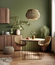 Boho interior design of modern dining room. Two wicker chairs and wooden table on wire legs. Created with generative AI