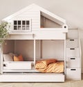 Boho lighting interior kids room with bunk bed. Design bedroom scandinavian style. 3d rendering. High quality 3d