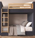 Boho lighting interior kids room with bunk dark blue bed. Design bedroom classic scandinavian style. 3d rendering. High
