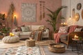 Boho living room with bright wall Royalty Free Stock Photo